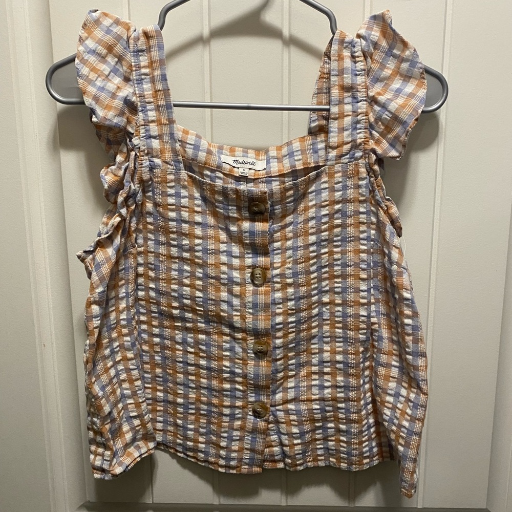 Madewell Gingham Seersucker Ruffle-Strap Button-Up Tank Top Small